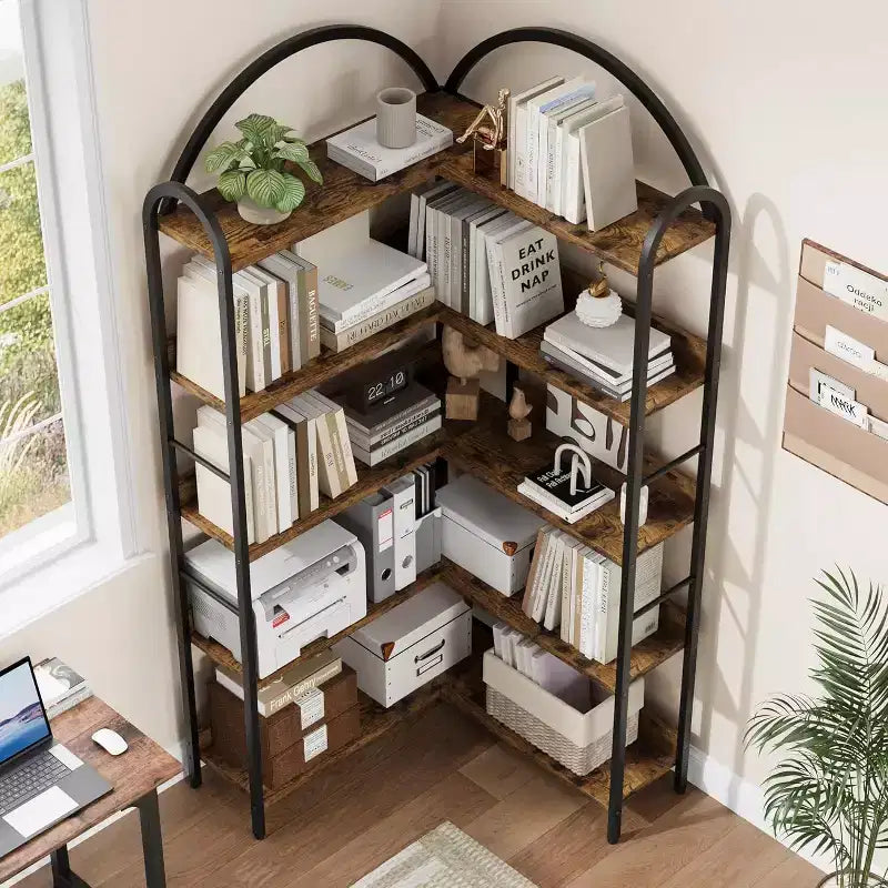 Hush Sun 5-Tier Reversible Corner Bookcase - 68.5 Industrial Bookshelf, 50LB/Shelf for Home Office
