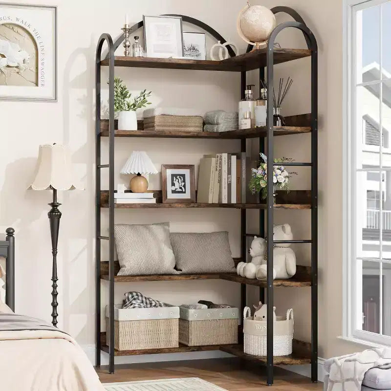 Hush Sun 5-Tier Reversible Corner Bookcase - 68.5 Industrial Bookshelf, 50LB/Shelf for Home Office