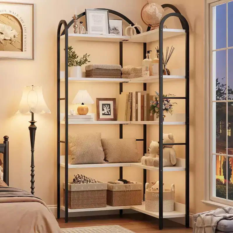 Hush Sun 5-Tier Reversible Corner Bookcase - 68.5 Industrial Bookshelf, 50LB/Shelf for Home Office