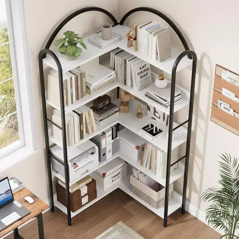 Hush Sun 5-Tier Reversible Corner Bookcase - 68.5 Industrial Bookshelf, 50LB/Shelf for Home Office