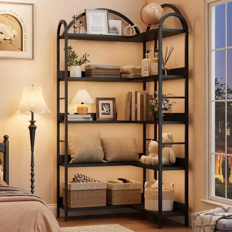 Hush Sun 5-Tier Reversible Corner Bookcase - 68.5 Industrial Bookshelf, 50LB/Shelf for Home Office