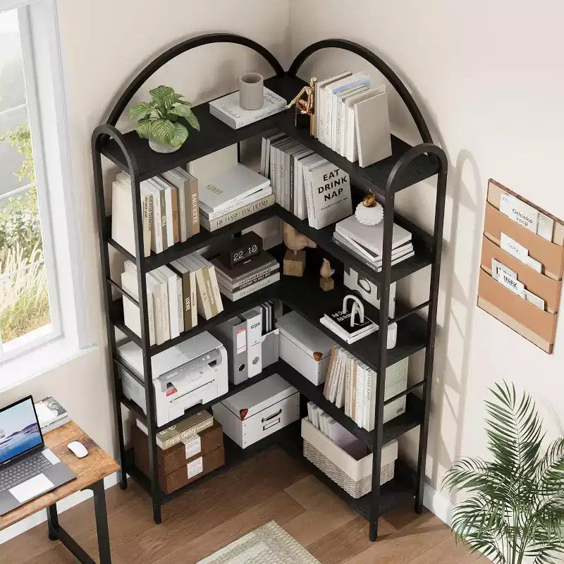 Hush Sun 5-Tier Reversible Corner Bookcase - 68.5 Industrial Bookshelf, 50LB/Shelf for Home Office
