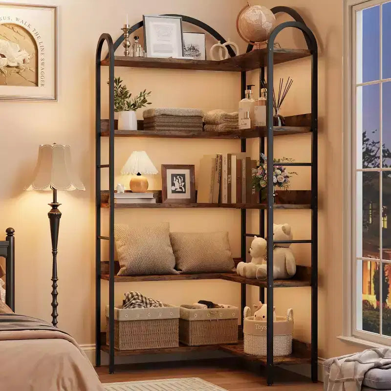 Hush Sun 5-Tier Reversible Corner Bookcase - 68.5 Industrial Bookshelf, 50LB/Shelf for Home Office