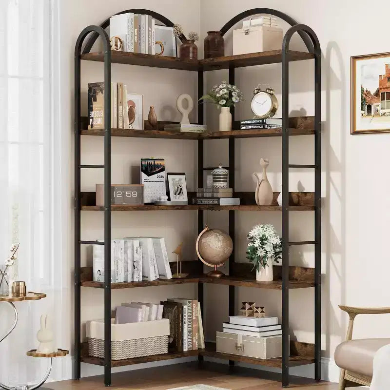 Hush Sun 5-Tier Reversible Corner Bookcase - 68.5 Industrial Bookshelf, 50LB/Shelf for Home Office