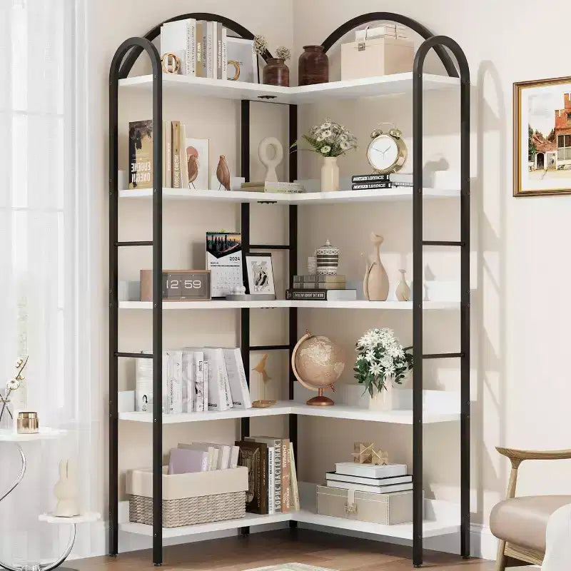 Hush Sun 5-Tier Reversible Corner Bookcase - 68.5 Industrial Bookshelf, 50LB/Shelf for Home Office