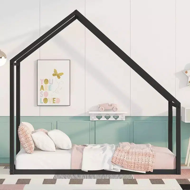 Acekool Kids House Bed - Twin Metal Frame with Roof