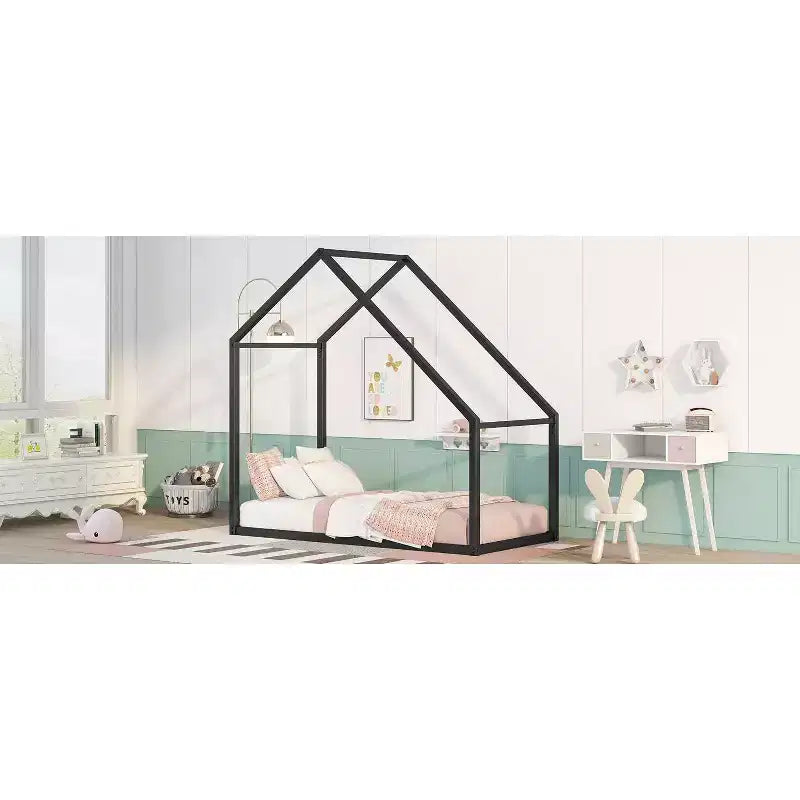 Acekool Kids House Bed - Twin Metal Frame with Roof