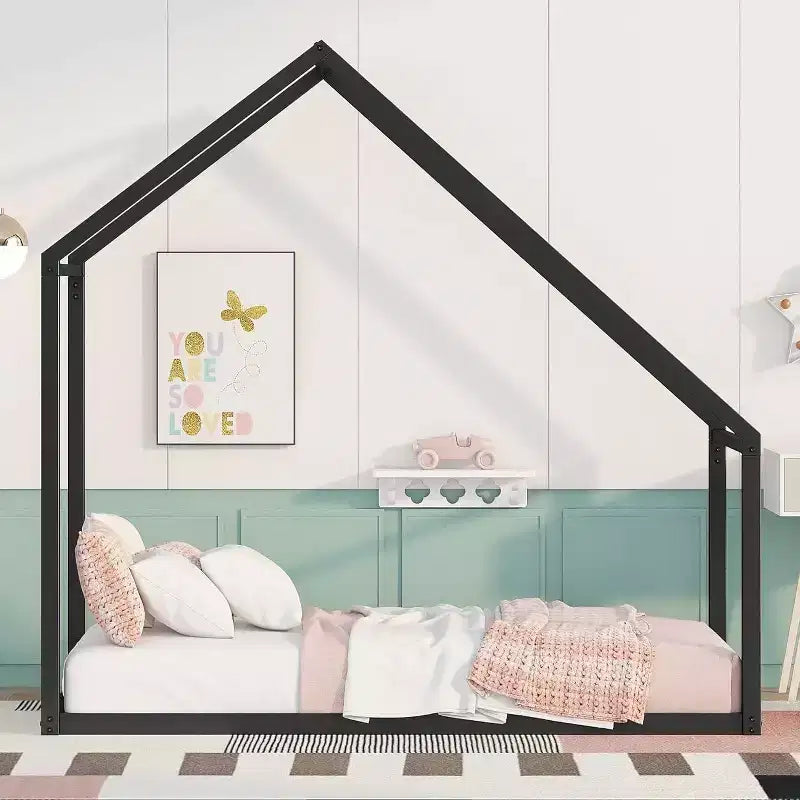 Acekool Kids House Bed - Twin Metal Frame with Roof