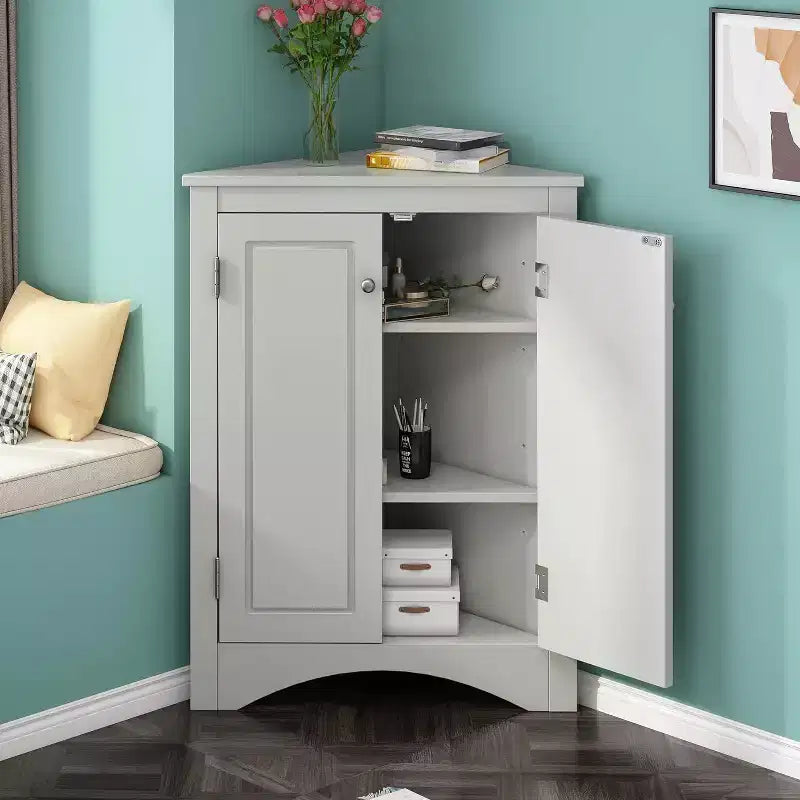 Triangular Corner Cabinet with Adjustable Shelves and Doors, Space-Saving Wooden Storage Unit for Bathroom, Kitchen, Living Room, Grey