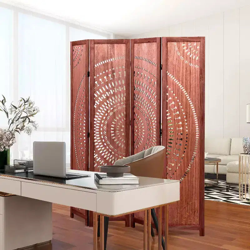 MAYEERTY 4 Panel Solid Wood Folding Room Divider Brown for Home Office