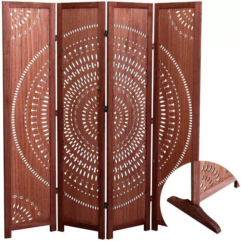 MAYEERTY 4 Panel Solid Wood Folding Room Divider Brown for Home Office
