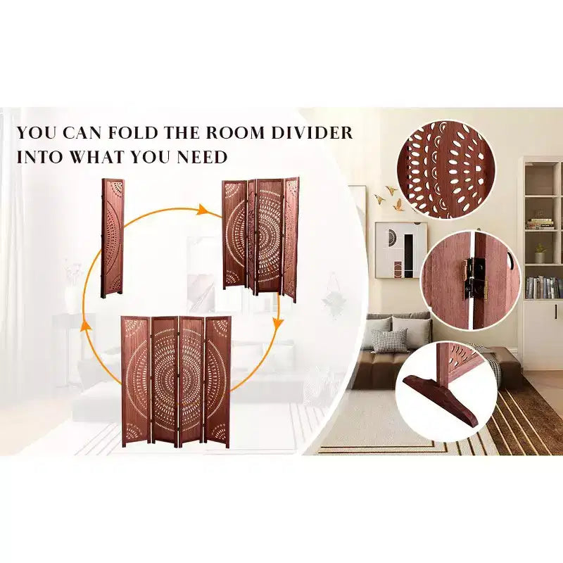 MAYEERTY 4 Panel Solid Wood Folding Room Divider Brown for Home Office