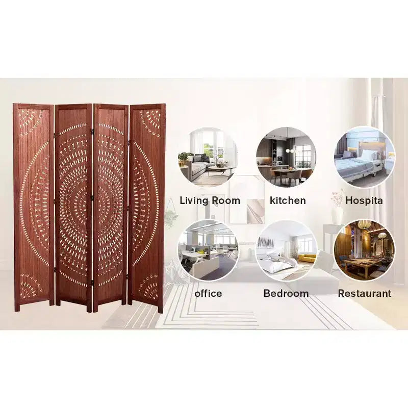 MAYEERTY 4 Panel Solid Wood Folding Room Divider Brown for Home Office