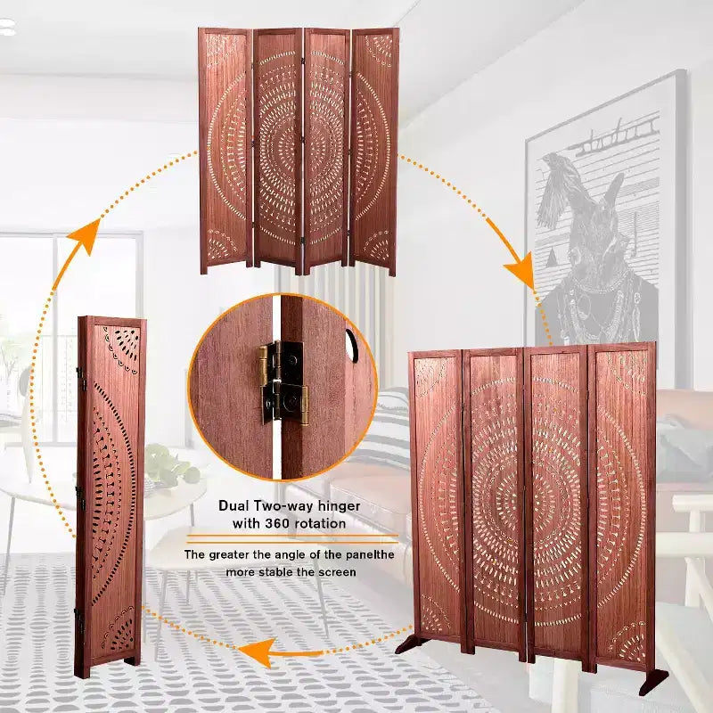 MAYEERTY 4 Panel Solid Wood Folding Room Divider Brown for Home Office