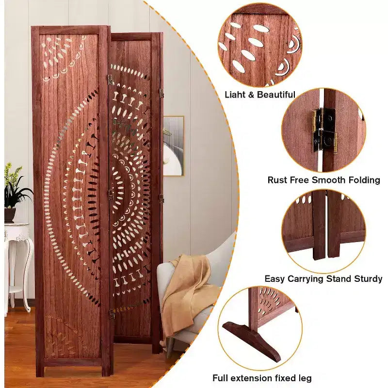 MAYEERTY 4 Panel Solid Wood Folding Room Divider Brown for Home Office