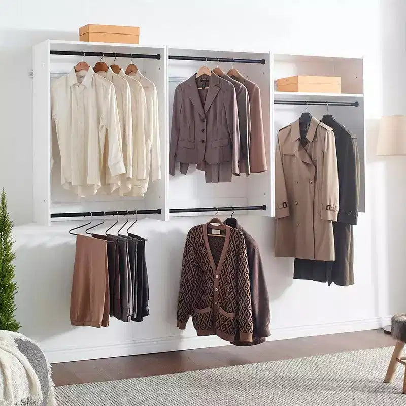 HomeStock Devi Series 31.594.5in. W Modular Closet System Wall Mount Double Hanging Rods 1-Shelf Wood Closet System