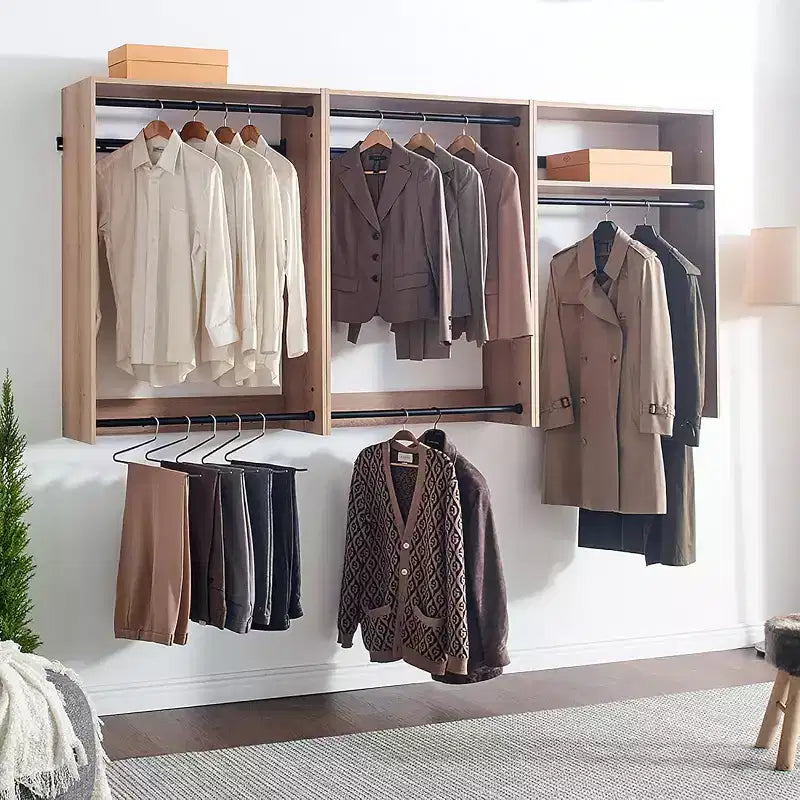 HomeStock Devi Series 31.594.5in. W Modular Closet System Wall Mount Double Hanging Rods 1-Shelf Wood Closet System