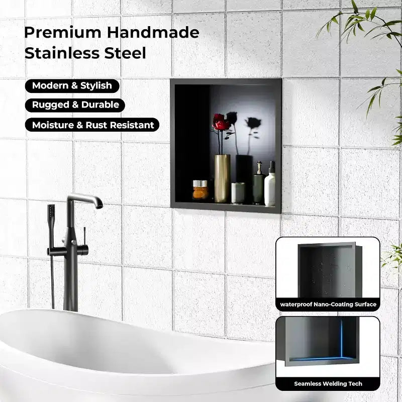 Stainless Steel Shower Niche with Recessed Rectangle Design, No-Tile Installation Required, Wall-Mounted Storage for Bathroom