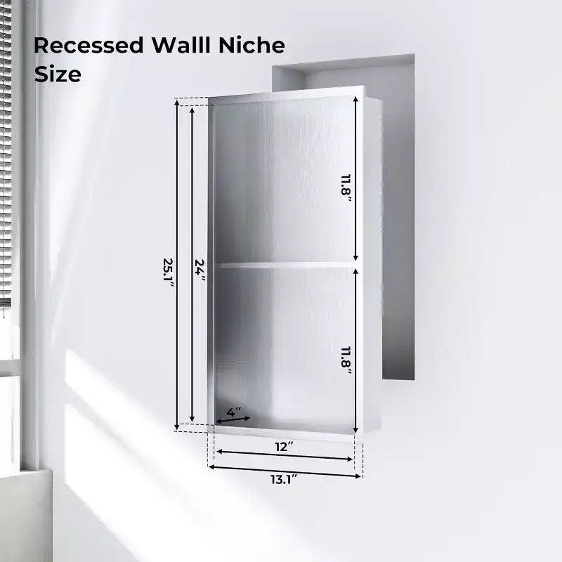 Stainless Steel Shower Niche with Recessed Rectangle Design, No-Tile Installation Required, Wall-Mounted Storage for Bathroom
