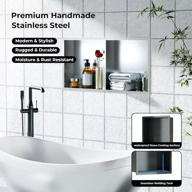 Stainless Steel Shower Niche with Recessed Rectangle Design, No-Tile Installation Required, Wall-Mounted Storage for Bathroom