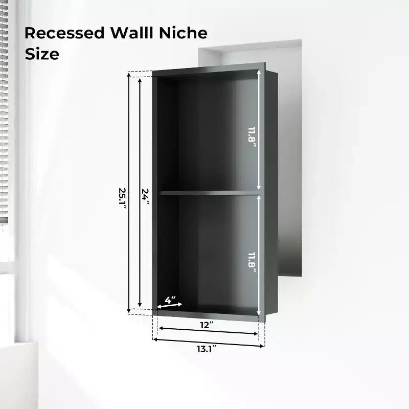 Stainless Steel Shower Niche with Recessed Rectangle Design, No-Tile Installation Required, Wall-Mounted Storage for Bathroom