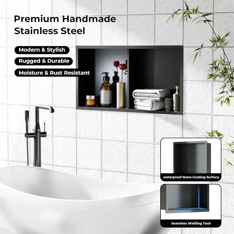 Stainless Steel Shower Niche with Recessed Rectangle Design, No-Tile Installation Required, Wall-Mounted Storage for Bathroom