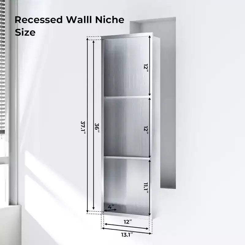Stainless Steel Shower Niche with Recessed Rectangle Design, No-Tile Installation Required, Wall-Mounted Storage for Bathroom