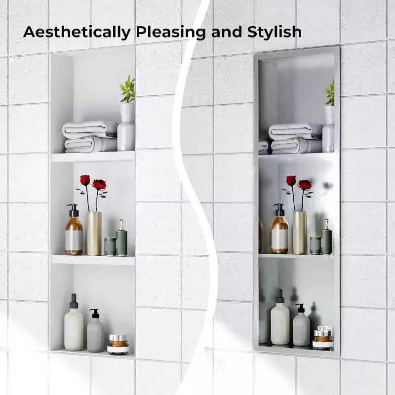 Stainless Steel Shower Niche with Recessed Rectangle Design, No-Tile Installation Required, Wall-Mounted Storage for Bathroom