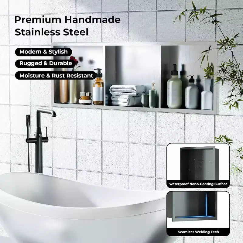 Stainless Steel Shower Niche with Recessed Rectangle Design, No-Tile Installation Required, Wall-Mounted Storage for Bathroom