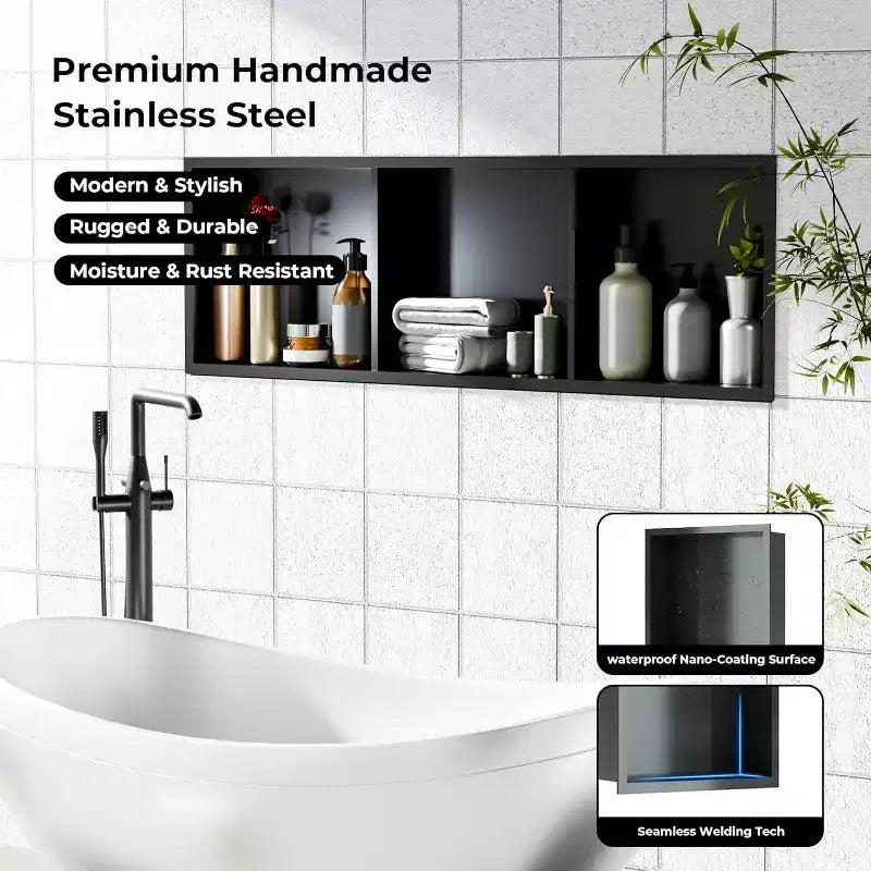 Stainless Steel Shower Niche with Recessed Rectangle Design, No-Tile Installation Required, Wall-Mounted Storage for Bathroom