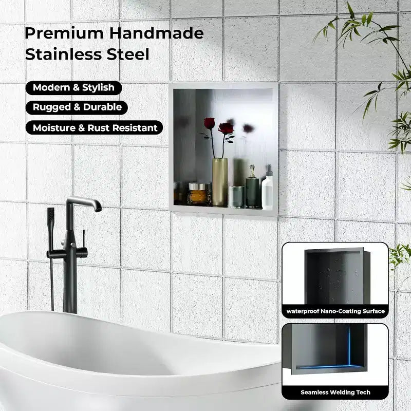 Stainless Steel Shower Niche with Recessed Rectangle Design, No-Tile Installation Required, Wall-Mounted Storage for Bathroom