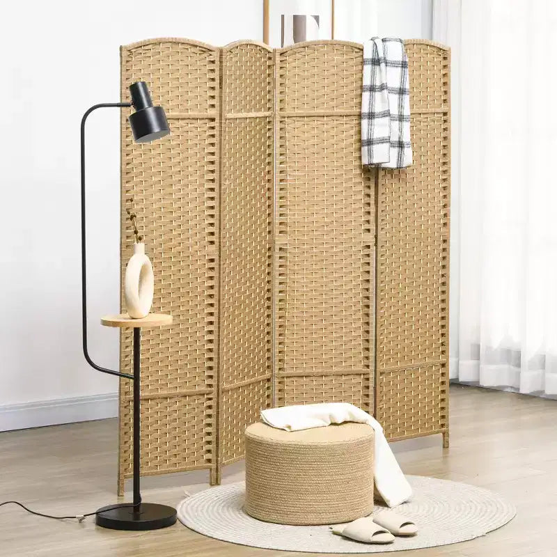 MAYEERTY 4 Panel Folding Privacy Screen 5.6'Tall Freestanding Wall Partition for Home Office Natural Wood