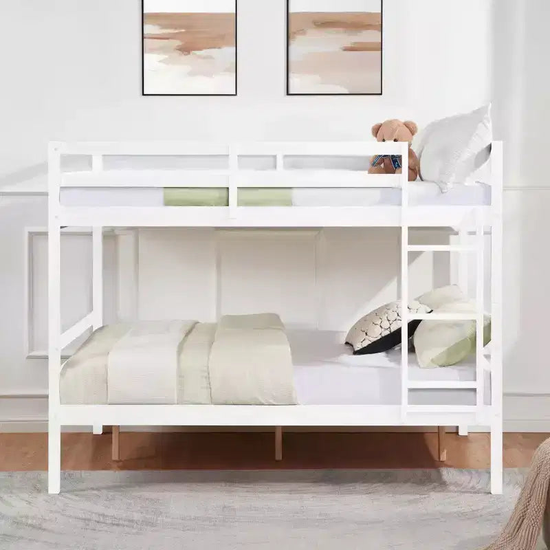 Full over Full Bunk Bed with Ladder  Wooden Frame with High Guardrails for Kids  No Box Spring Needed  Sturdy and Space-Saving  White