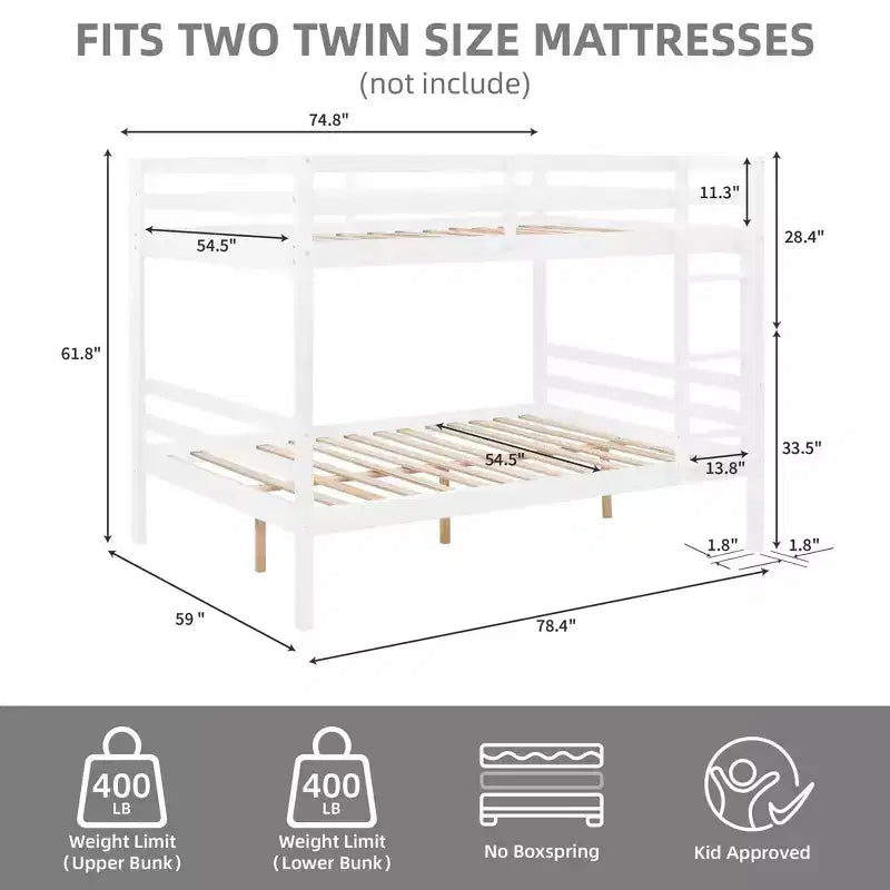 Full over Full Bunk Bed with Ladder  Wooden Frame with High Guardrails for Kids  No Box Spring Needed  Sturdy and Space-Saving  White