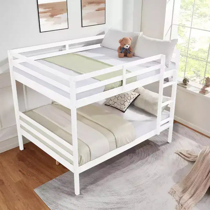 Full over Full Bunk Bed with Ladder  Wooden Frame with High Guardrails for Kids  No Box Spring Needed  Sturdy and Space-Saving  White
