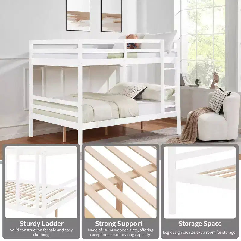 Full over Full Bunk Bed with Ladder  Wooden Frame with High Guardrails for Kids  No Box Spring Needed  Sturdy and Space-Saving  White