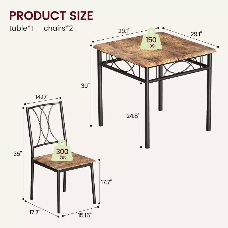Acekool Square Dining Table Set for 2, 3-Piece Space Saving Kitchen Table and Upholstered Chairs, Small Apartment