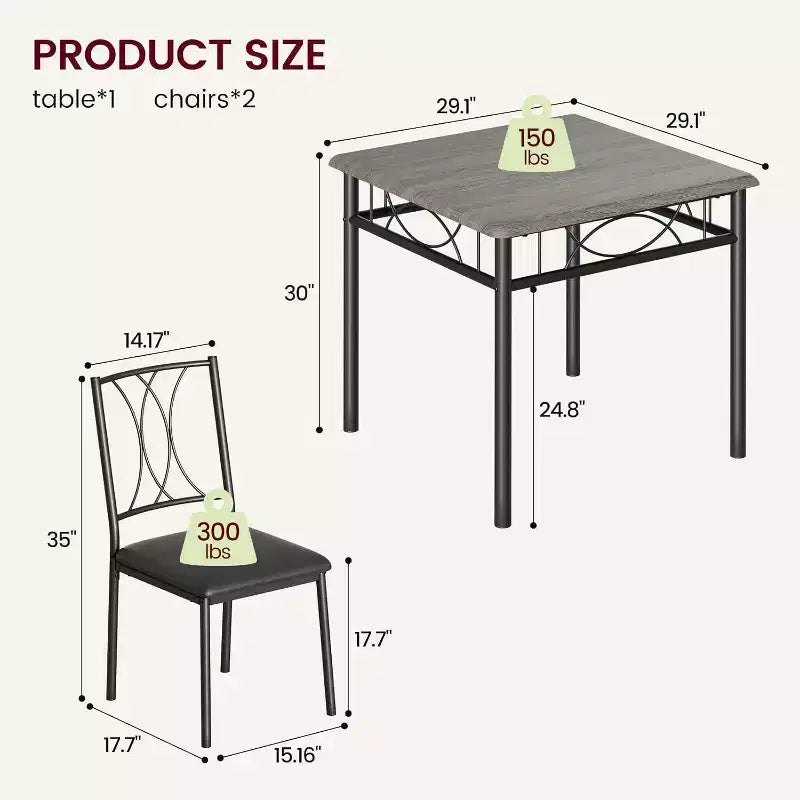 Acekool Square Dining Table Set for 2, 3-Piece Space Saving Kitchen Table and Upholstered Chairs, Small Apartment