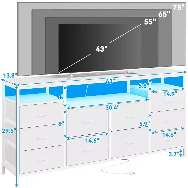 63.3 Inch Black Dresser for Bedroom, 10 Drawer Dresser TV Stand for 65 70 75 Inch TV, Fabric Chest of Drawers with LED Lights & Power Outlets