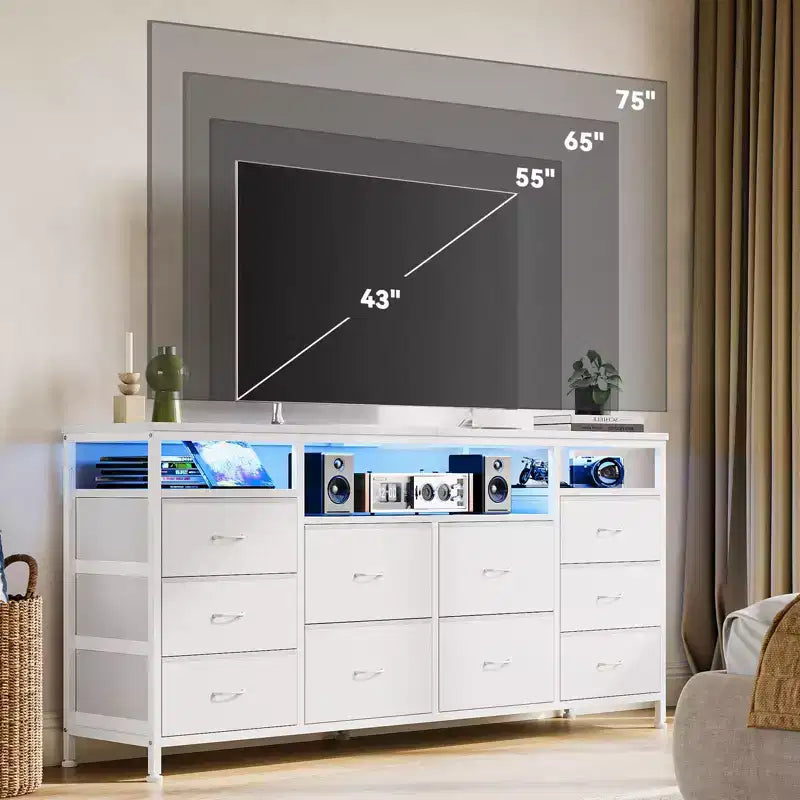 63.3 Inch Black Dresser for Bedroom, 10 Drawer Dresser TV Stand for 65 70 75 Inch TV, Fabric Chest of Drawers with LED Lights & Power Outlets
