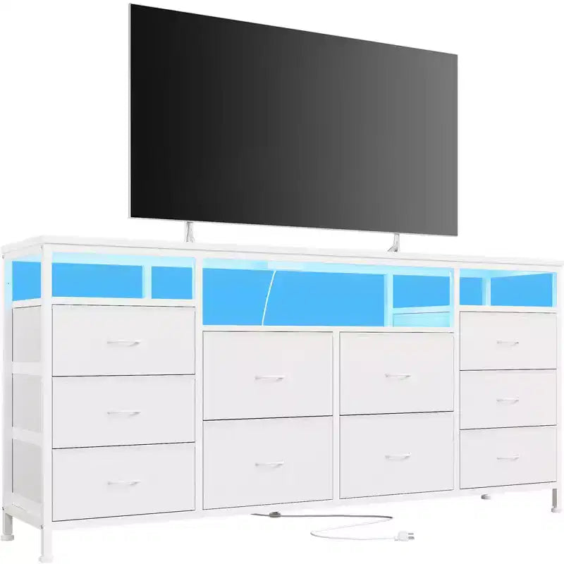 63.3 Inch Black Dresser for Bedroom, 10 Drawer Dresser TV Stand for 65 70 75 Inch TV, Fabric Chest of Drawers with LED Lights & Power Outlets