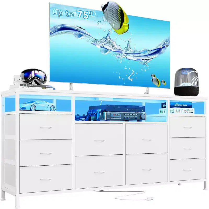 63.3 Inch Black Dresser for Bedroom, 10 Drawer Dresser TV Stand for 65 70 75 Inch TV, Fabric Chest of Drawers with LED Lights & Power Outlets