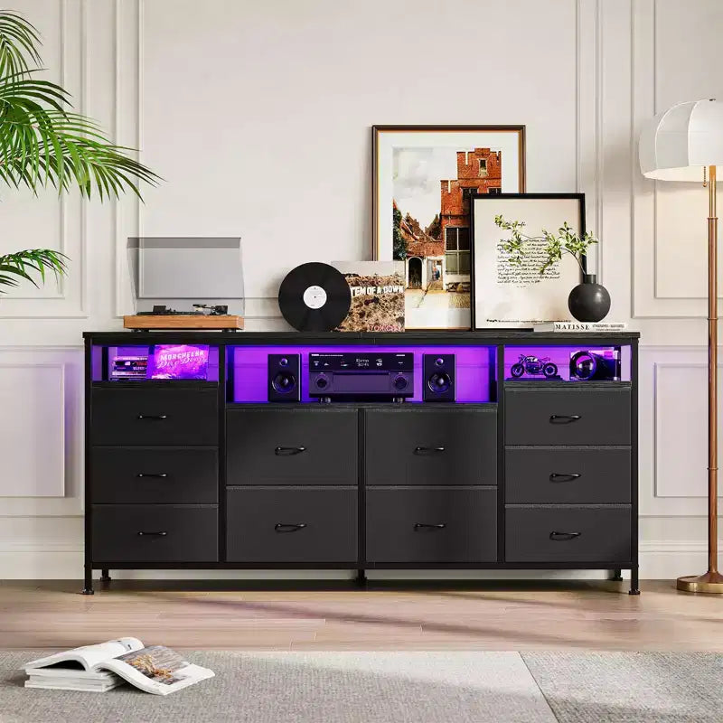 63.3 Inch Black Dresser for Bedroom, 10 Drawer Dresser TV Stand for 65 70 75 Inch TV, Fabric Chest of Drawers with LED Lights & Power Outlets