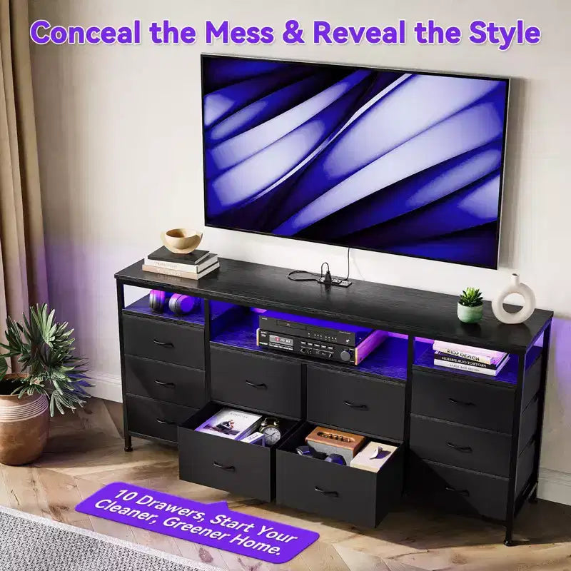 63.3 Inch Black Dresser for Bedroom, 10 Drawer Dresser TV Stand for 65 70 75 Inch TV, Fabric Chest of Drawers with LED Lights & Power Outlets