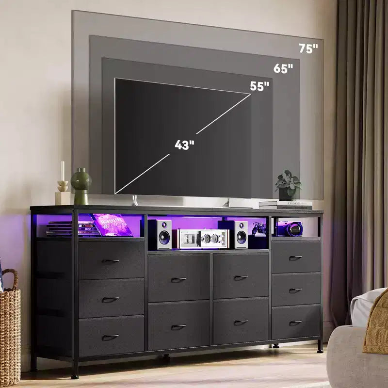 63.3 Inch Black Dresser for Bedroom, 10 Drawer Dresser TV Stand for 65 70 75 Inch TV, Fabric Chest of Drawers with LED Lights & Power Outlets