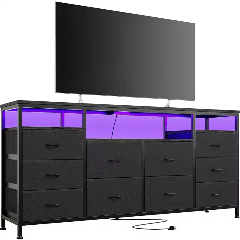 63.3 Inch Black Dresser for Bedroom, 10 Drawer Dresser TV Stand for 65 70 75 Inch TV, Fabric Chest of Drawers with LED Lights & Power Outlets
