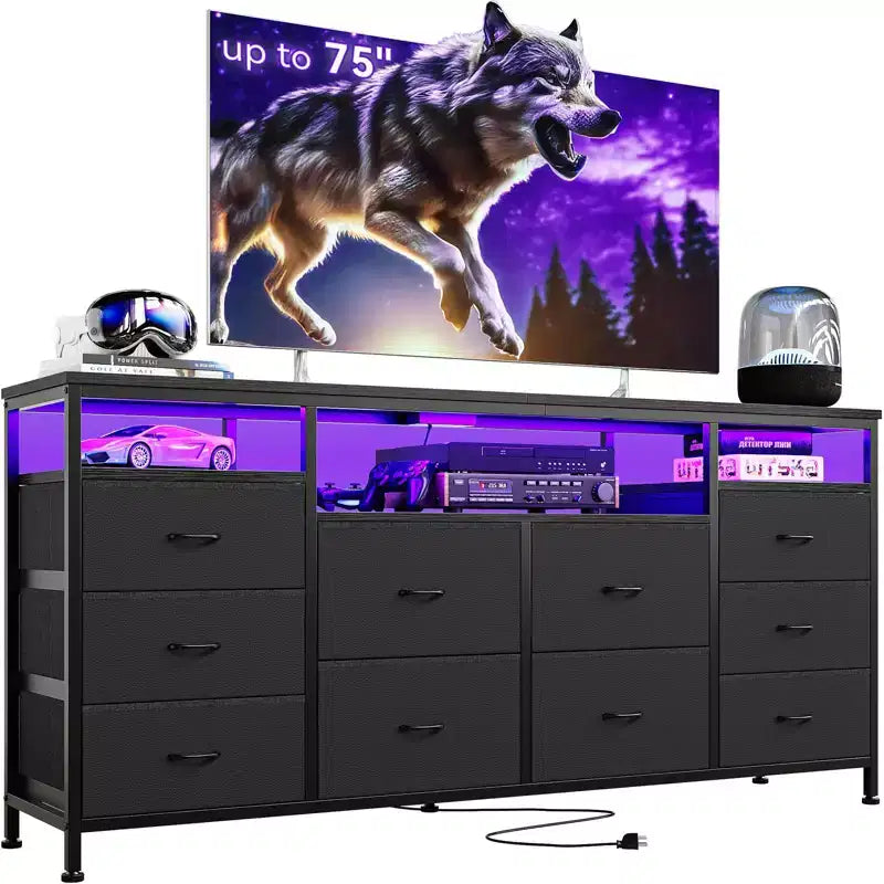63.3 Inch Black Dresser for Bedroom, 10 Drawer Dresser TV Stand for 65 70 75 Inch TV, Fabric Chest of Drawers with LED Lights & Power Outlets