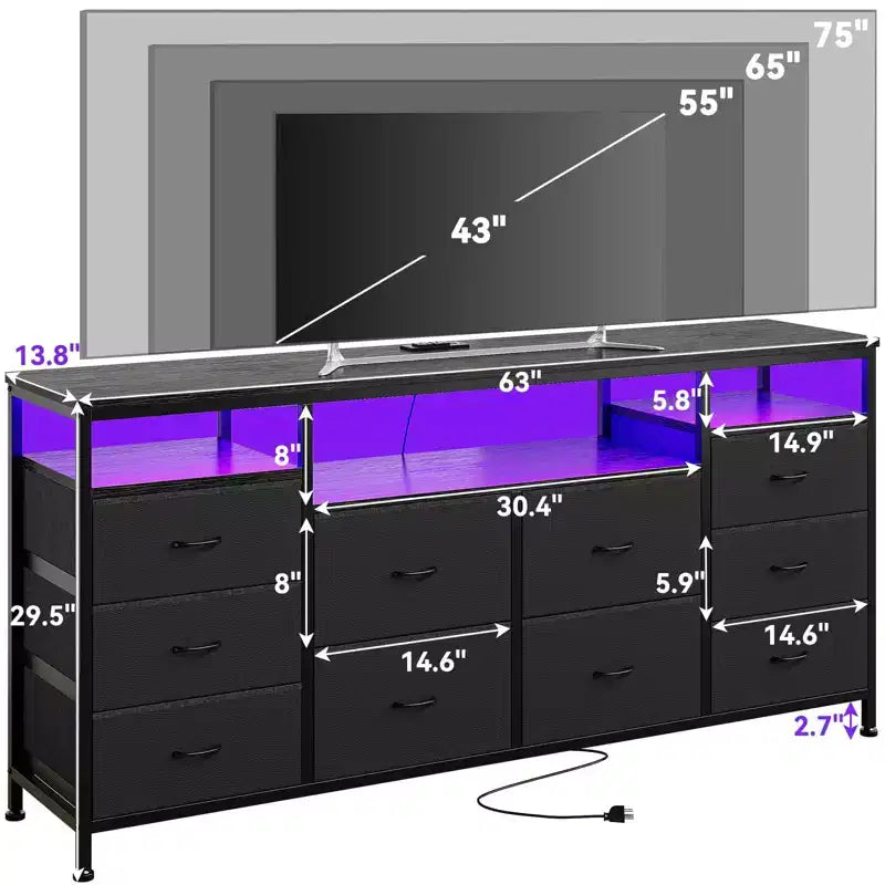 63.3 Inch Black Dresser for Bedroom, 10 Drawer Dresser TV Stand for 65 70 75 Inch TV, Fabric Chest of Drawers with LED Lights & Power Outlets