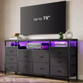 63.3 Inch Black Dresser for Bedroom, 10 Drawer Dresser TV Stand for 65 70 75 Inch TV, Fabric Chest of Drawers with LED Lights & Power Outlets