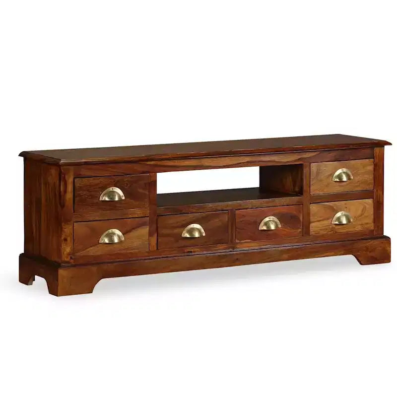 vidaXL Solid Sheesham Wood TV Stand with Honey Finish, Large Open Compartment and 6 Spacious Drawers, Handmade and Elegant Design